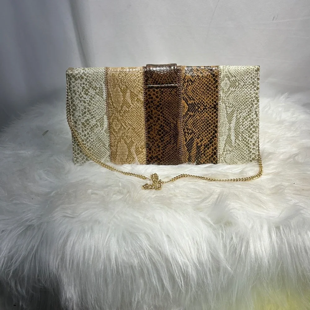 Chic Snake Print Patchwork‎ Clutch Evening Bag Gold Chain Strap